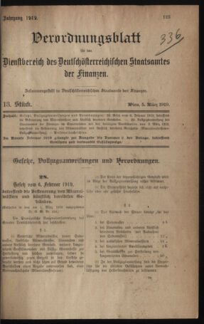 Verordnungsblatt für den Dienstbereich des österreichischen Bundesministeriums für Finanzen 19190305 Seite: 1