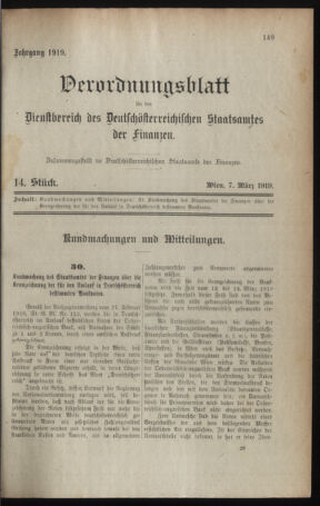 Verordnungsblatt für den Dienstbereich des österreichischen Bundesministeriums für Finanzen 19190307 Seite: 1