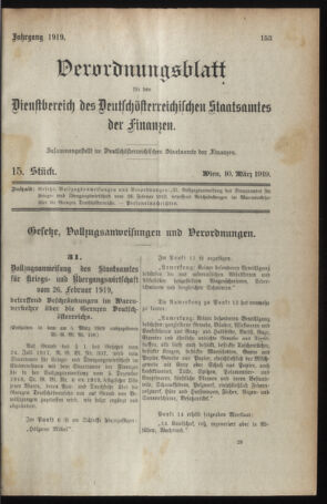 Verordnungsblatt für den Dienstbereich des österreichischen Bundesministeriums für Finanzen 19190310 Seite: 1