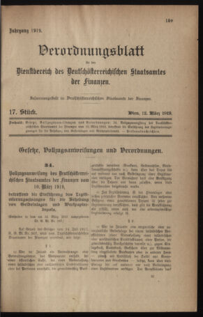 Verordnungsblatt für den Dienstbereich des österreichischen Bundesministeriums für Finanzen 19190312 Seite: 1