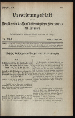 Verordnungsblatt für den Dienstbereich des österreichischen Bundesministeriums für Finanzen 19190317 Seite: 1