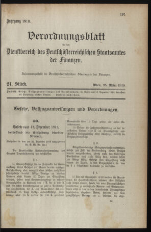 Verordnungsblatt für den Dienstbereich des österreichischen Bundesministeriums für Finanzen 19190325 Seite: 1