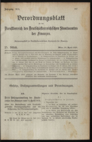 Verordnungsblatt für den Dienstbereich des österreichischen Bundesministeriums für Finanzen 19190416 Seite: 1