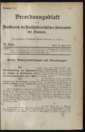 Verordnungsblatt für den Dienstbereich des österreichischen Bundesministeriums für Finanzen 19190422 Seite: 1