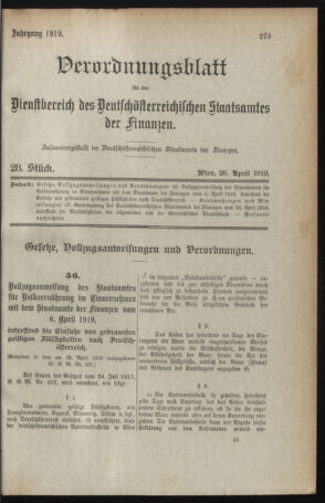 Verordnungsblatt für den Dienstbereich des österreichischen Bundesministeriums für Finanzen 19190428 Seite: 1