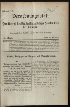 Verordnungsblatt für den Dienstbereich des österreichischen Bundesministeriums für Finanzen 19190515 Seite: 1