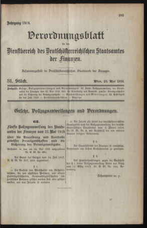 Verordnungsblatt für den Dienstbereich des österreichischen Bundesministeriums für Finanzen 19190523 Seite: 1