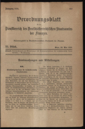 Verordnungsblatt für den Dienstbereich des österreichischen Bundesministeriums für Finanzen 19190528 Seite: 1