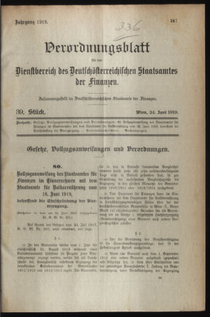 Verordnungsblatt für den Dienstbereich des österreichischen Bundesministeriums für Finanzen 19190624 Seite: 1