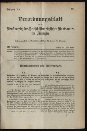 Verordnungsblatt für den Dienstbereich des österreichischen Bundesministeriums für Finanzen 19190626 Seite: 1