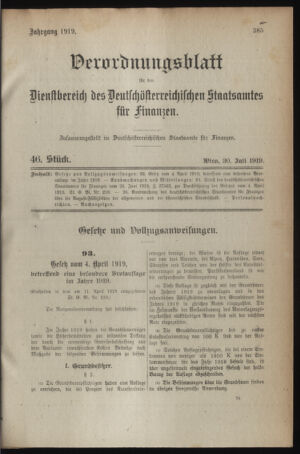 Verordnungsblatt für den Dienstbereich des österreichischen Bundesministeriums für Finanzen 19190730 Seite: 1