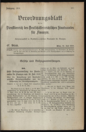 Verordnungsblatt für den Dienstbereich des österreichischen Bundesministeriums für Finanzen 19190731 Seite: 1