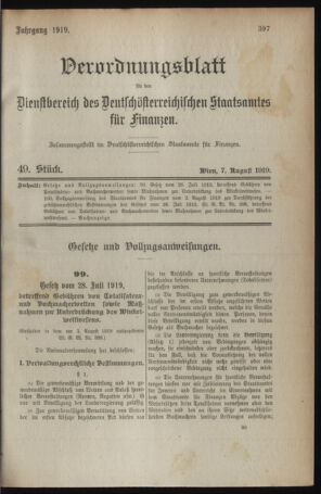 Verordnungsblatt für den Dienstbereich des österreichischen Bundesministeriums für Finanzen 19190807 Seite: 1