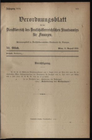 Verordnungsblatt für den Dienstbereich des österreichischen Bundesministeriums für Finanzen 19190811 Seite: 1