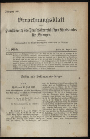 Verordnungsblatt für den Dienstbereich des österreichischen Bundesministeriums für Finanzen 19190814 Seite: 1