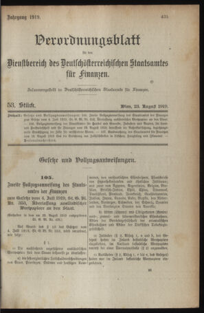 Verordnungsblatt für den Dienstbereich des österreichischen Bundesministeriums für Finanzen 19190823 Seite: 1