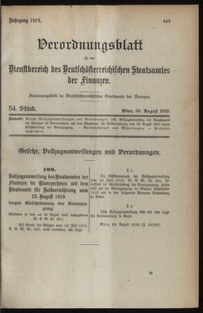 Verordnungsblatt für den Dienstbereich des österreichischen Bundesministeriums für Finanzen 19190830 Seite: 1