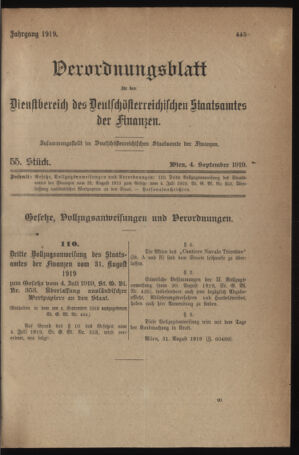 Verordnungsblatt für den Dienstbereich des österreichischen Bundesministeriums für Finanzen 19190904 Seite: 1