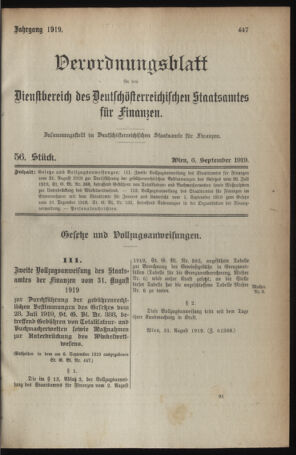 Verordnungsblatt für den Dienstbereich des österreichischen Bundesministeriums für Finanzen 19190906 Seite: 1