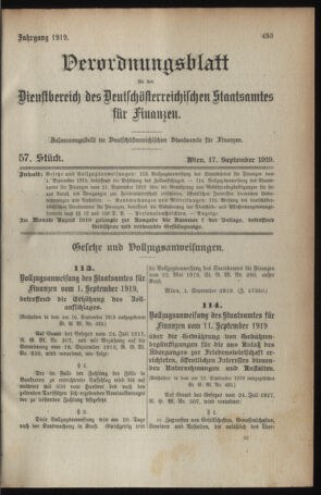 Verordnungsblatt für den Dienstbereich des österreichischen Bundesministeriums für Finanzen 19190917 Seite: 1