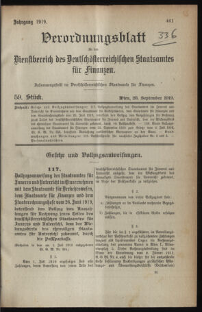 Verordnungsblatt für den Dienstbereich des österreichischen Bundesministeriums für Finanzen 19190928 Seite: 1