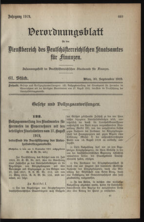 Verordnungsblatt für den Dienstbereich des österreichischen Bundesministeriums für Finanzen 19190930 Seite: 1