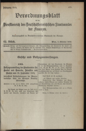 Verordnungsblatt für den Dienstbereich des österreichischen Bundesministeriums für Finanzen 19191003 Seite: 1