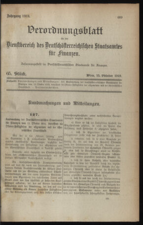 Verordnungsblatt für den Dienstbereich des österreichischen Bundesministeriums für Finanzen 19191015 Seite: 1