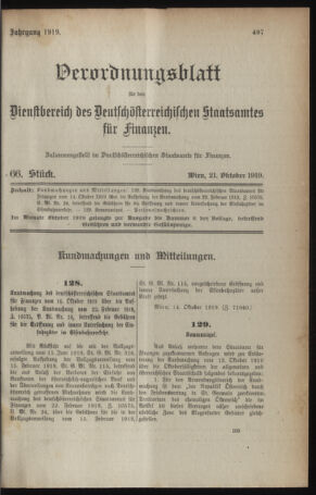 Verordnungsblatt für den Dienstbereich des österreichischen Bundesministeriums für Finanzen 19191021 Seite: 1