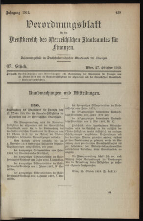 Verordnungsblatt für den Dienstbereich des österreichischen Bundesministeriums für Finanzen 19191027 Seite: 1