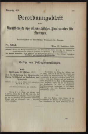 Verordnungsblatt für den Dienstbereich des österreichischen Bundesministeriums für Finanzen 19191117 Seite: 1