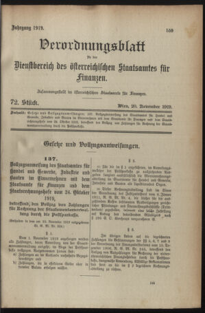 Verordnungsblatt für den Dienstbereich des österreichischen Bundesministeriums für Finanzen 19191120 Seite: 1