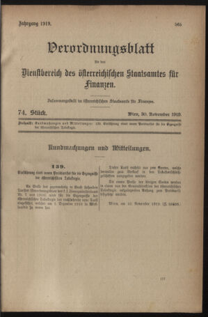 Verordnungsblatt für den Dienstbereich des österreichischen Bundesministeriums für Finanzen 19191130 Seite: 1