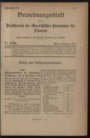 Verordnungsblatt für den Dienstbereich des österreichischen Bundesministeriums für Finanzen 19191202 Seite: 1