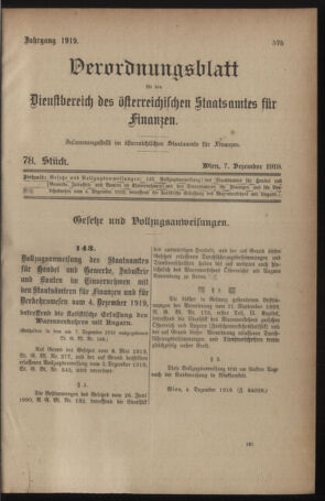 Verordnungsblatt für den Dienstbereich des österreichischen Bundesministeriums für Finanzen 19191207 Seite: 1