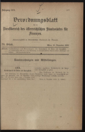 Verordnungsblatt für den Dienstbereich des österreichischen Bundesministeriums für Finanzen 19191210 Seite: 1