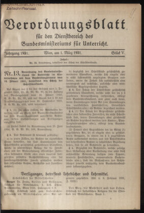 Verordnungsblatt für die Dienstbereiche der Bundesministerien für Unterricht und kulturelle Angelegenheiten bzw. Wissenschaft und Verkehr 19310301 Seite: 1