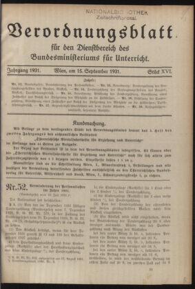 Verordnungsblatt für die Dienstbereiche der Bundesministerien für Unterricht und kulturelle Angelegenheiten bzw. Wissenschaft und Verkehr 19310915 Seite: 1