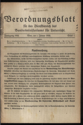 Verordnungsblatt für die Dienstbereiche der Bundesministerien für Unterricht und kulturelle Angelegenheiten bzw. Wissenschaft und Verkehr 19350101 Seite: 1