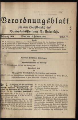 Verordnungsblatt für die Dienstbereiche der Bundesministerien für Unterricht und kulturelle Angelegenheiten bzw. Wissenschaft und Verkehr 19360215 Seite: 1