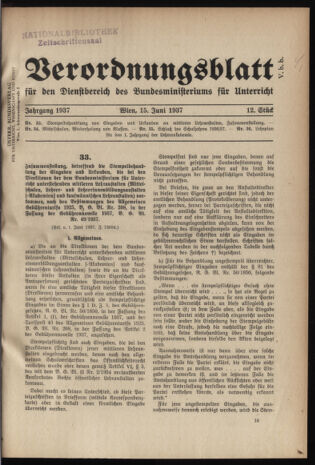 Verordnungsblatt für die Dienstbereiche der Bundesministerien für Unterricht und kulturelle Angelegenheiten bzw. Wissenschaft und Verkehr 19370615 Seite: 1