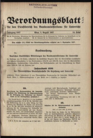 Verordnungsblatt für die Dienstbereiche der Bundesministerien für Unterricht und kulturelle Angelegenheiten bzw. Wissenschaft und Verkehr 19370801 Seite: 1