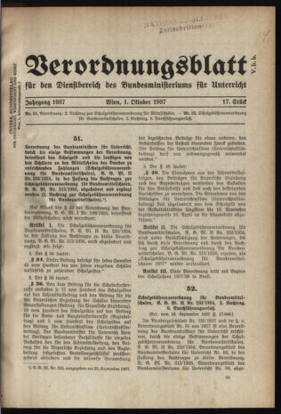 Verordnungsblatt für die Dienstbereiche der Bundesministerien für Unterricht und kulturelle Angelegenheiten bzw. Wissenschaft und Verkehr 19371001 Seite: 1