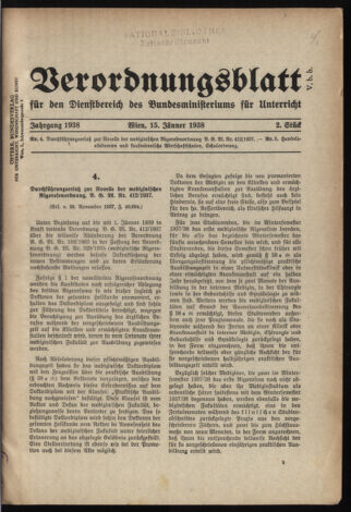 Verordnungsblatt für die Dienstbereiche der Bundesministerien für Unterricht und kulturelle Angelegenheiten bzw. Wissenschaft und Verkehr 19380115 Seite: 1