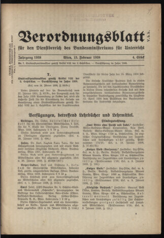 Verordnungsblatt für die Dienstbereiche der Bundesministerien für Unterricht und kulturelle Angelegenheiten bzw. Wissenschaft und Verkehr 19380215 Seite: 1