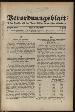 Verordnungsblatt für die Dienstbereiche der Bundesministerien für Unterricht und kulturelle Angelegenheiten bzw. Wissenschaft und Verkehr 19380515 Seite: 1