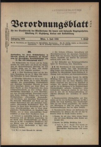 Verordnungsblatt für die Dienstbereiche der Bundesministerien für Unterricht und kulturelle Angelegenheiten bzw. Wissenschaft und Verkehr 19380701 Seite: 1