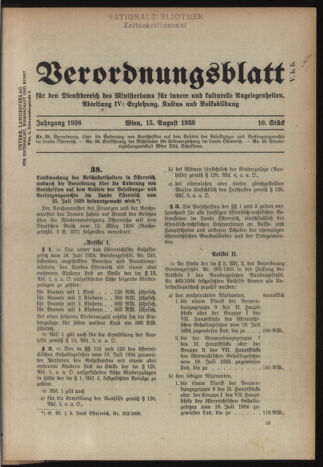 Verordnungsblatt für die Dienstbereiche der Bundesministerien für Unterricht und kulturelle Angelegenheiten bzw. Wissenschaft und Verkehr 19380815 Seite: 1