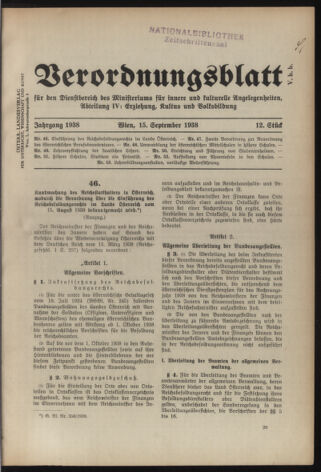 Verordnungsblatt für die Dienstbereiche der Bundesministerien für Unterricht und kulturelle Angelegenheiten bzw. Wissenschaft und Verkehr 19380915 Seite: 1