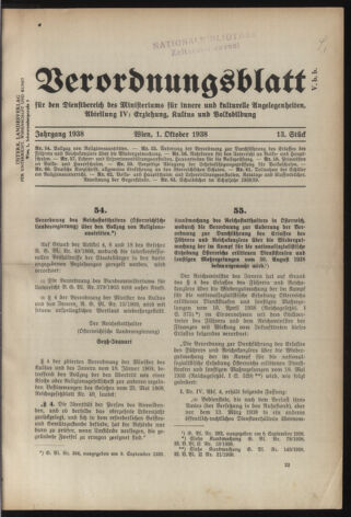 Verordnungsblatt für die Dienstbereiche der Bundesministerien für Unterricht und kulturelle Angelegenheiten bzw. Wissenschaft und Verkehr 19381001 Seite: 1